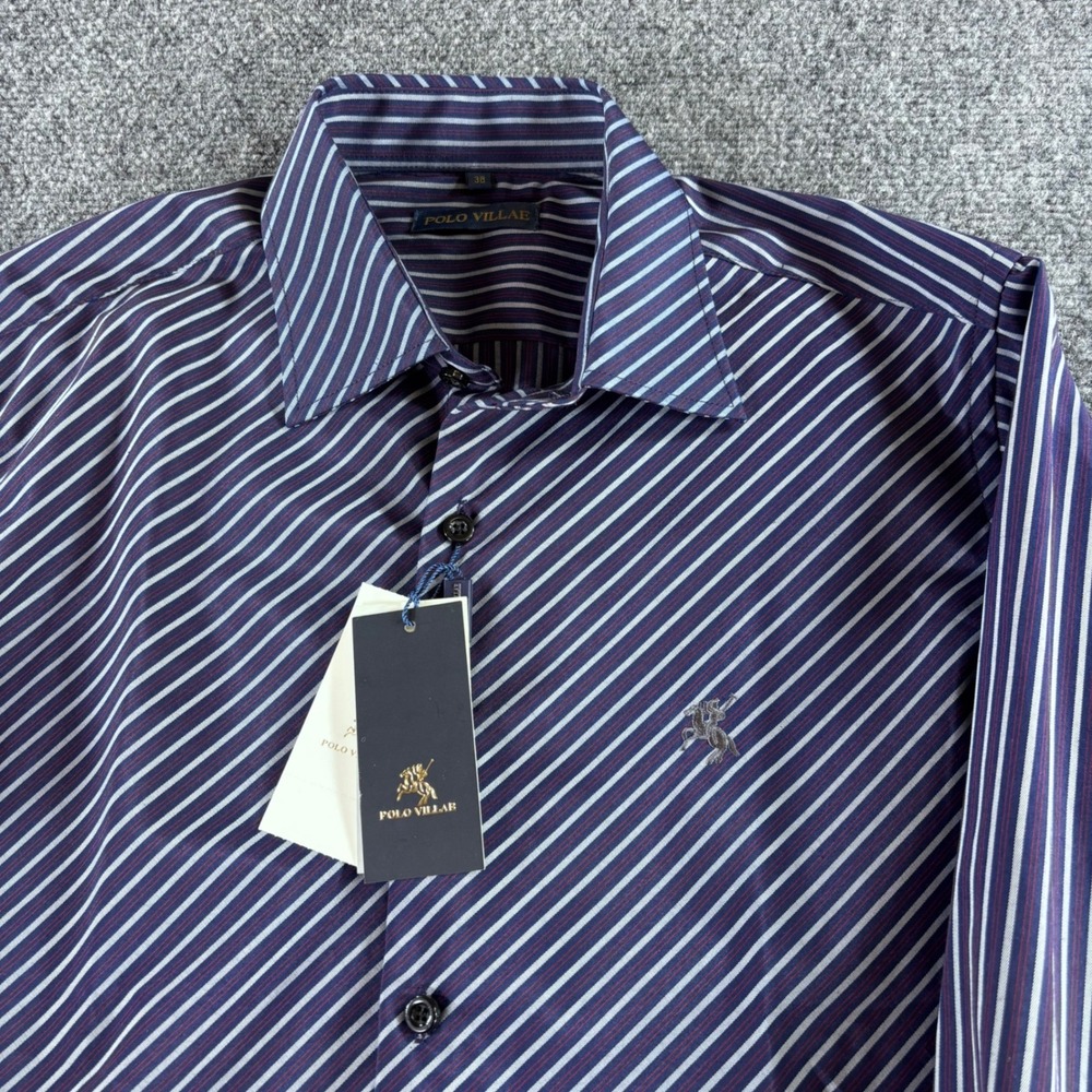 Polo Villae Button Down Shirt Mens 38 Navy Blue Striped Long Sleeve NWT Business